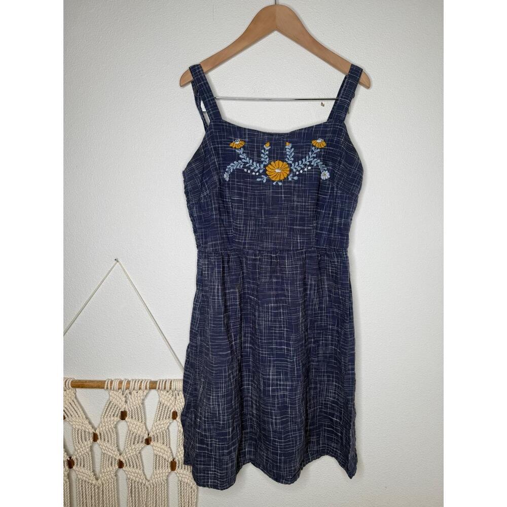 Mata Traders Dress Navy Blue Floral Embroidery Sweetheart neckline Boho